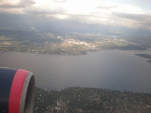 View from Delta Air Lines flight into Seattle. That is Bellevue, WA in the distance.