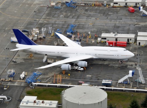 Lufthansa's first Boeing 747-8 Intercontinental at Paine Field on March 21, 2011. Click for larger.
