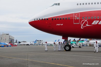 Check out all the Boeing airplanes behind the Boeing 747-8I at Boeing Field.
