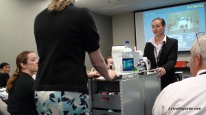 Practicing pushing the cart in the classroom.