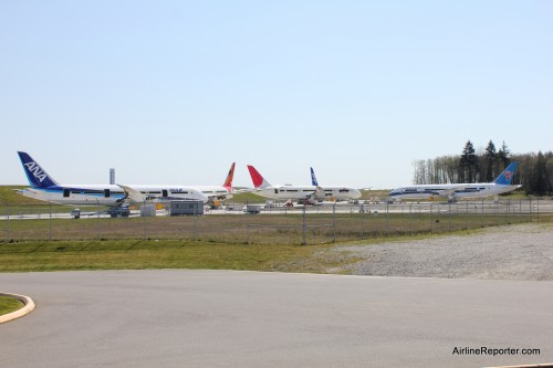 A nice collection of Dreamliners parked next to the Future of Flight at Paine Field.