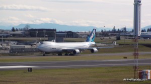 The Boeing 747-8 during taxi testing at Paine Field before its first flight.