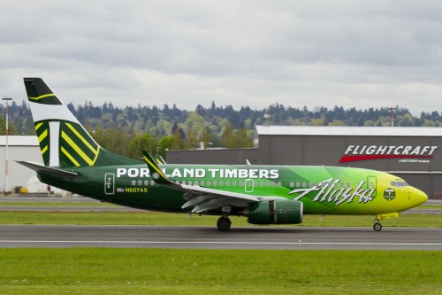 New Alaska Airlines livery after landing at Portland. Photo by Russell Hill.