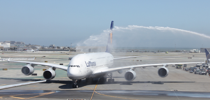 Lufthansa's Airbus A380 (D-AIMD) gets a water salute when arriving to San Francisco on May 10th.