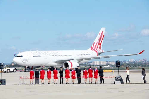 Virgin Australia's Airbus A330 (VH-XFB) arriving at Sydney for the first time. Photo by Virgin Australia.