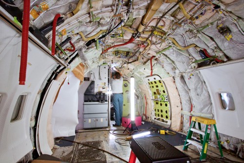 Inside the cabin of an American 737 being retrofitted.