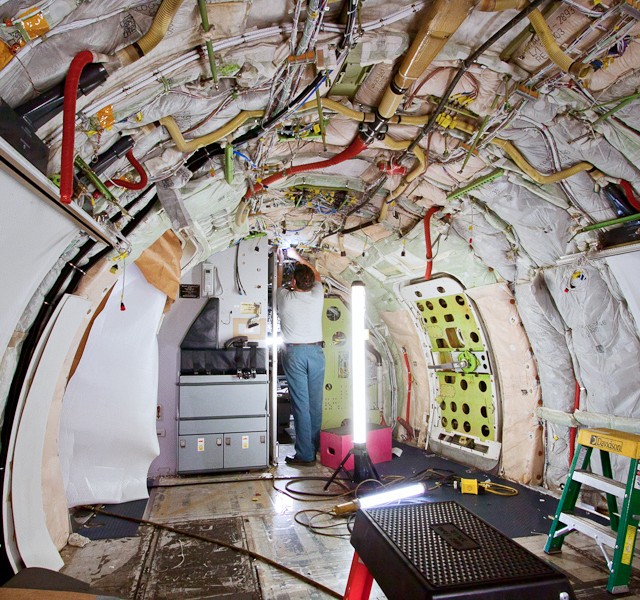 Inside the cabin of an American 737 being retrofitted.
