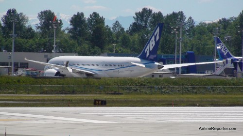 Boeing 787 Dreamliner ZA005 at Paine Field. I took this photo earlier today from the Future of Flight