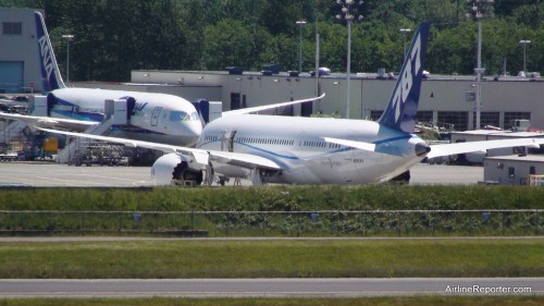 Boeing 787 Dreamliner ZA005 at Paine Field. I took this photo earlier today from the Future of Flight