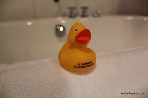 Lufthansa offers a custom rubber duck in the First Class Terminal at Frankfurt, Germany. Click for larger.