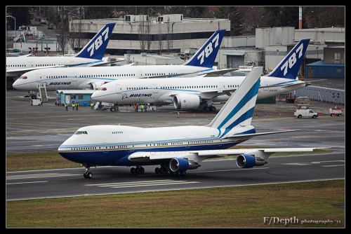 Kevin Scott caught this once in a lifetime shot of a Boeing 747SP (VQ-BMS) at Boeing Field with three Boeing 787 Dreamliners in the background.