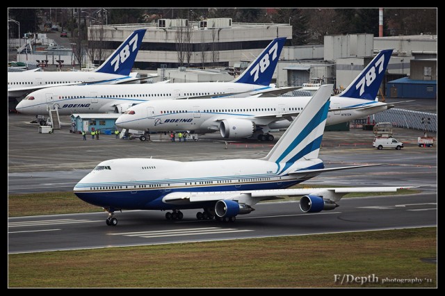 Kevin Scott caught this once in a lifetime shot of a Boeing 747SP (VQ-BMS) at Boeing Field with three Boeing 787 Dreamliners in the background. 
