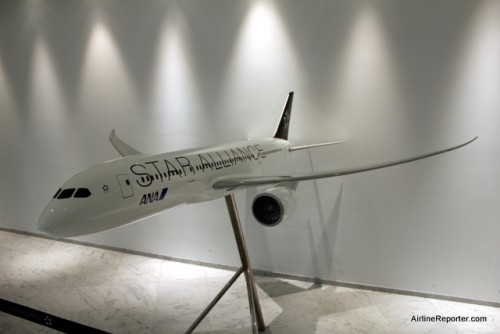 This model of a Boeing 787 Dreamliner in ANA Star Alliance livery was at Narita Airport.