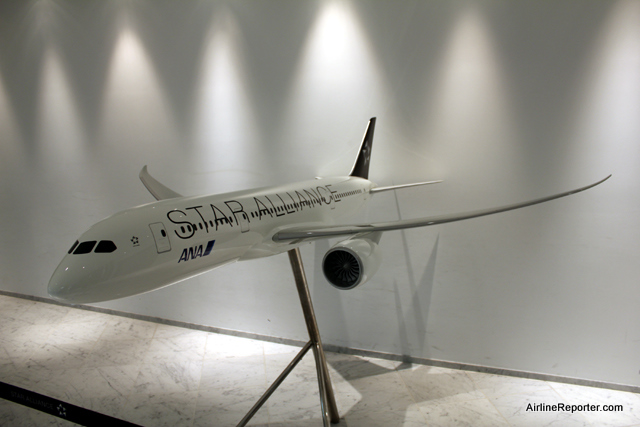 This model of a Boeing 787 Dreamliner in ANA Star Alliance livery was at Narita Airport. 