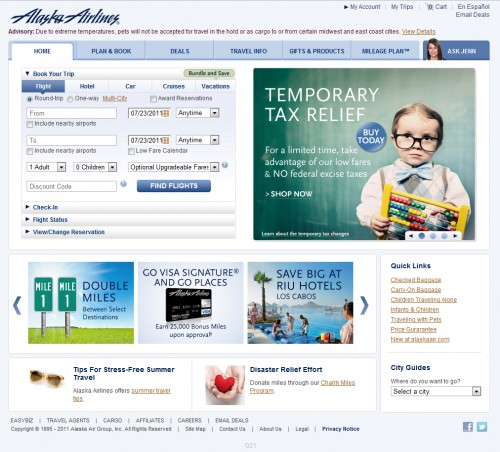 This is a screen shot of Alaska Airline's website at about 12:50 PST on 7/23/11 advertising lower fares due to no taxes.