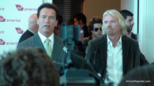 Sir Richard Branson and California Governor Arnold Schwarzenegger speaking at San Fransisco Airport on Tuesday
