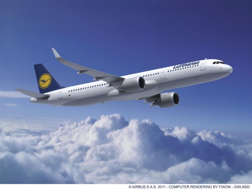 Lufthansa has ordered 30 Airbus A320neo aircraft. This is a mock up of an Airbus A321. Click for larger. Image from Airbus.