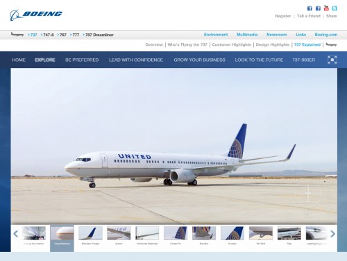 Screen shot of Boeing's Explore 737 page highlighting the 360 view of a United Boeing 737-900ER (N36444).