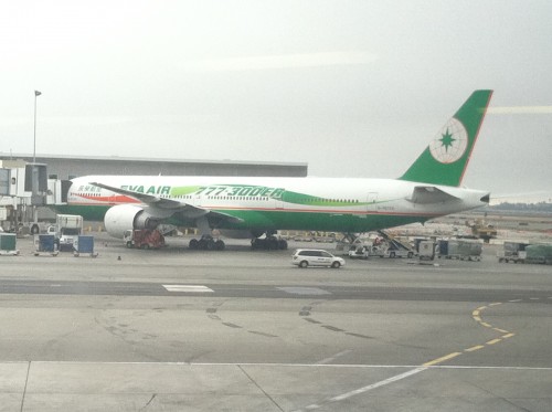 iPhone photo: Caught this Eva Air Boeing 777-300ER (B-16702) with special livery at LAX. Click for larger.