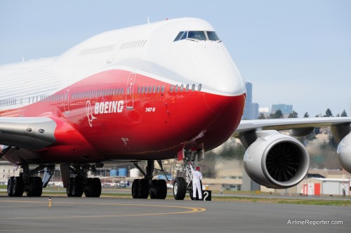 The first Boeing 747-8 Intercontinental landing at Boeing Field after her first flight.