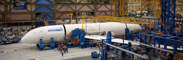 United Airlines first Boeing 787 inside the Boeing Factory in Everett, WA. Photo from United.
