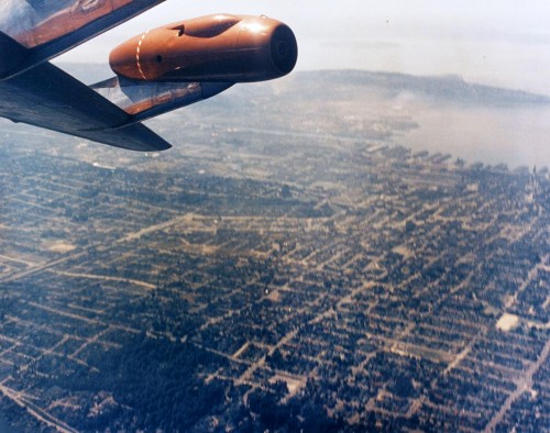 Boeing Dash 80 barrel roll above Seattle Seafair, August, 1955. Photo from Boeing.
