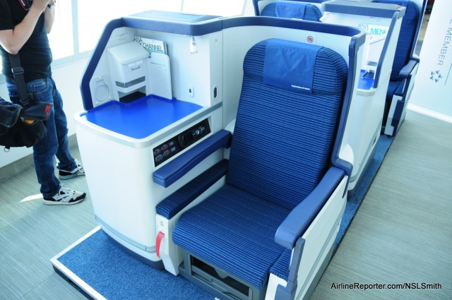 This is ANA's new international business class on display at Boeing's Delivery Center.