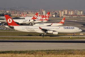 TurkishAirlines A nice Turkish Airlines Airbus A340 up front, lots of other Turkish planes in the background.