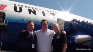 Hanging out with two awesome United Airlines flight attendants on the tarmac at LAX. That's a sweet Boeing 747-400 behind us.