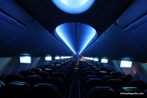 From Seattle to Iceland we were racing towards the sun and only had a short night. This is the sleep-mode of lighting on the Boeing Sky Interior. My camera did a good job picking up light, the actual aircraft was quite a bit darker.