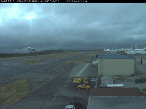 ANA's 1st Boeing 787 Taking off from Paine Field on Sept 26th heading to Japan, taken from the Paine Field Webcam. Click for larger.