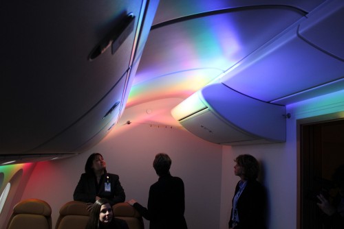 There is a special room that allows airlines to try different lighting combinations. This one is called "disco wave" and no airline has chosen it yet.