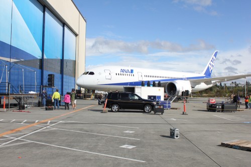 Outside the factory, Boeing is setting up for the delivery celebration. Looks like a standard livery 787 ANA will join in.