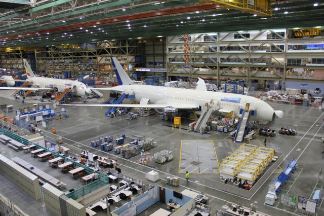 United's first Boeing 787 Dreamliner on the factory floor.