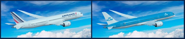 Computer rendering of the 787 Dreamliner in Air France and KLM liveries. Images from Boeing.