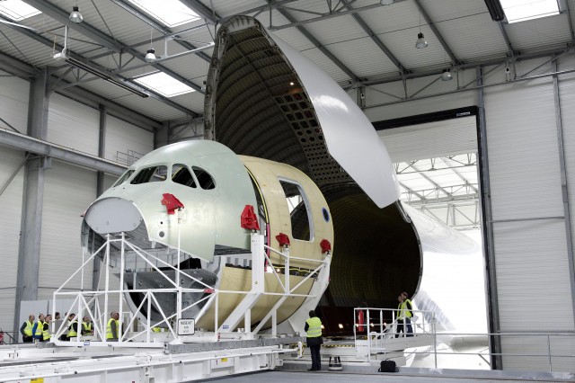 First A350 XWB nose section being unloaded from the Beluga aircraft at St Nazaire. Photo by Airbus. Click for larger.