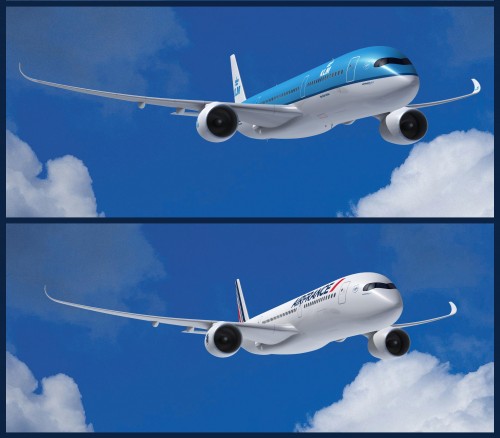 Computer renderings of the Airbus A350 XWB in Air France and KLM liveries.