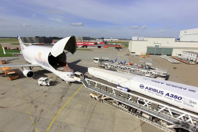 First A350 XWB Upper Wing Cover being loaded on to the Beluga at Airbus’ Hamburg site.