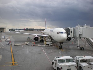 It is too dark and rainy to get a good photo of my plane today. But this is the Delta 767 that took me to Atlanta last year.