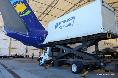 RwandAir's first Boeing 737-800 has food service loaded while in Seattle. Click for larger.