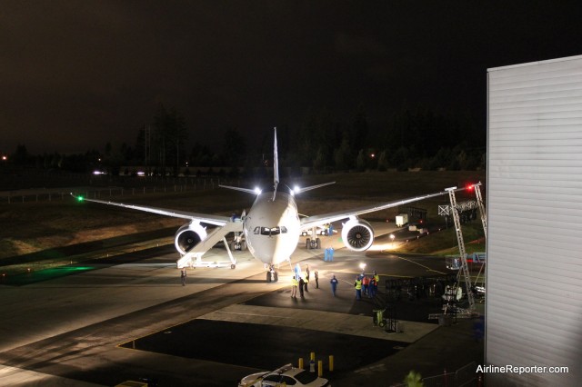 ANA's first Boeing 787 Dreamliner (JA801A) waits in the dark next to the Future of Flight