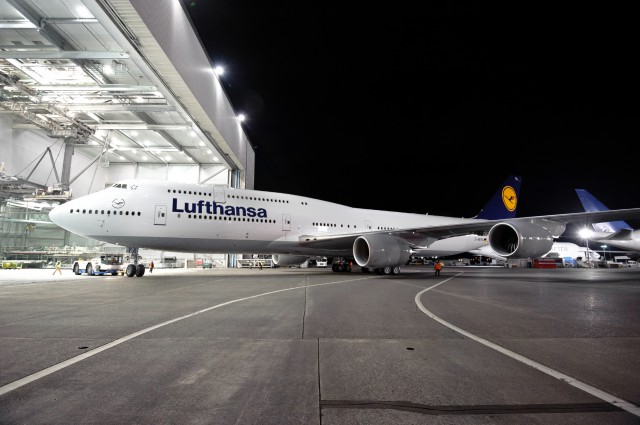 A full liveried 747-8I rolls out of the paint hangar overnight.
