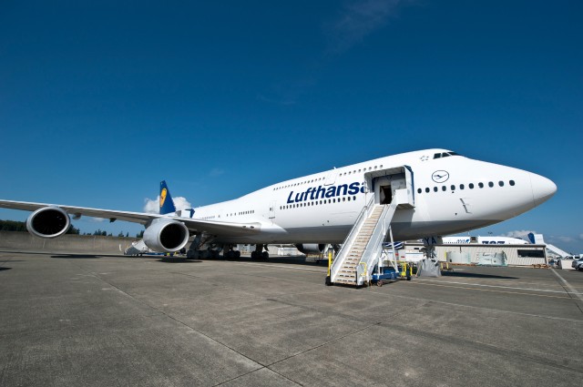 A Lufthansa Boeing 747-8I sits on the flight line at Paine Field.