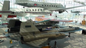 Alaska Airlines DC-3, Lear Fan 2100 hang from the ceiling, while an SR-71 and United Airlines Boeing 80A-1 hang out on the ground at the Museum of Flight