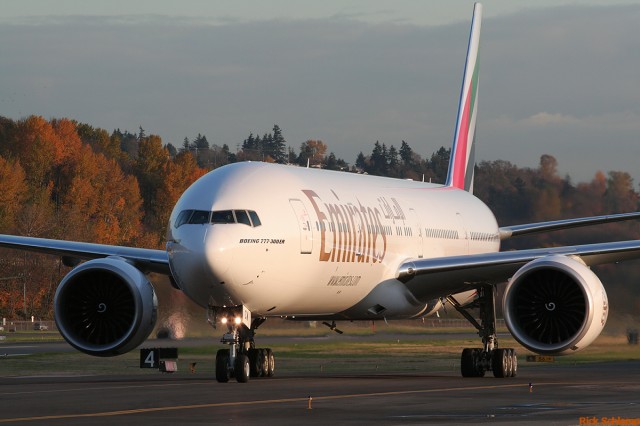 This Emirates Boeing 777-300ER is in Seattle, but only because it was built there. Soon one will be based in Seattle.