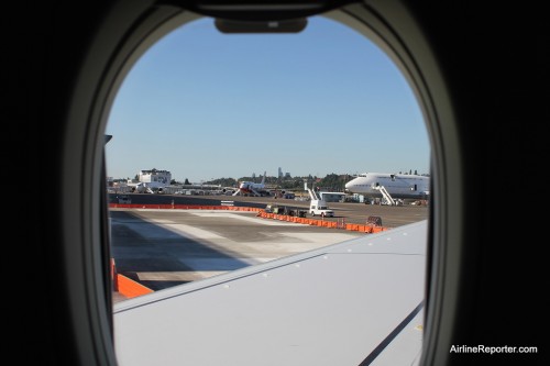 A view outside RwandAir's first new 737 before taking off at Boeing Field. Click for larger.