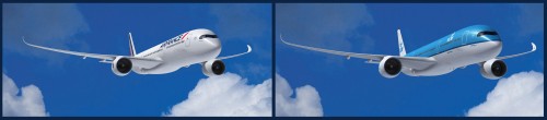Airbus A350 XWB in Air France and KLM liveries. Images from Airbus. Click for larger.