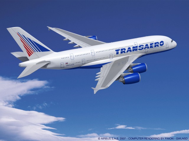 Computer rendering of what Transaero Airbus A380 will look like. Photo by Airbus.