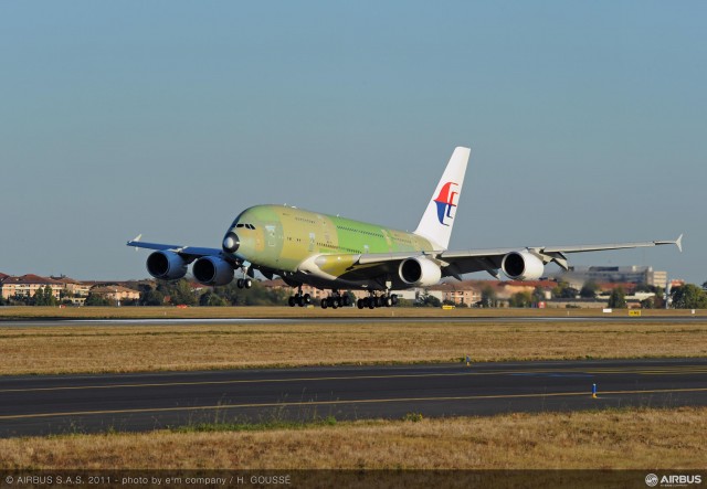First Malaysian Airlines Airbus A380 landing in Toulouse after successfully completing its maiden flight. Photo by Airbus. Click for larger.