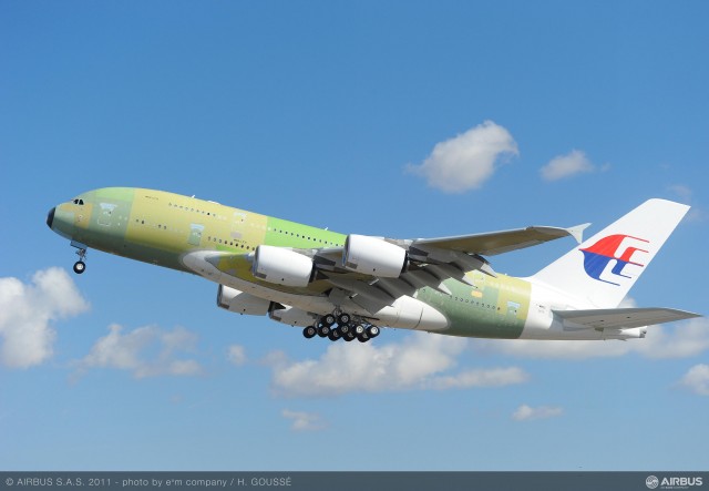 First Malaysian Airlines Airbus A380 takes off from Toulouse for its maiden flight. Photo by Airbus. Click for larger.